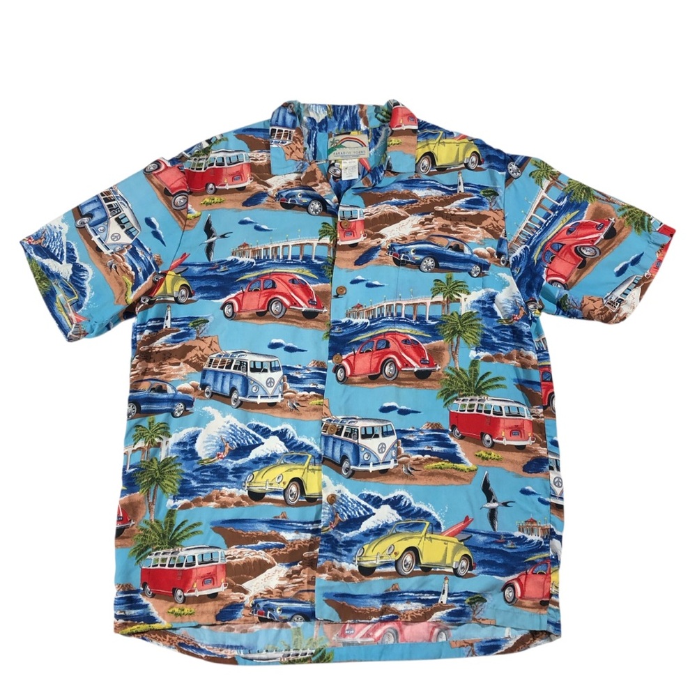 Vtg 90’s Paradise Found VW Bug Bus Volkswagen Hawaiian Button Down Shirt Large